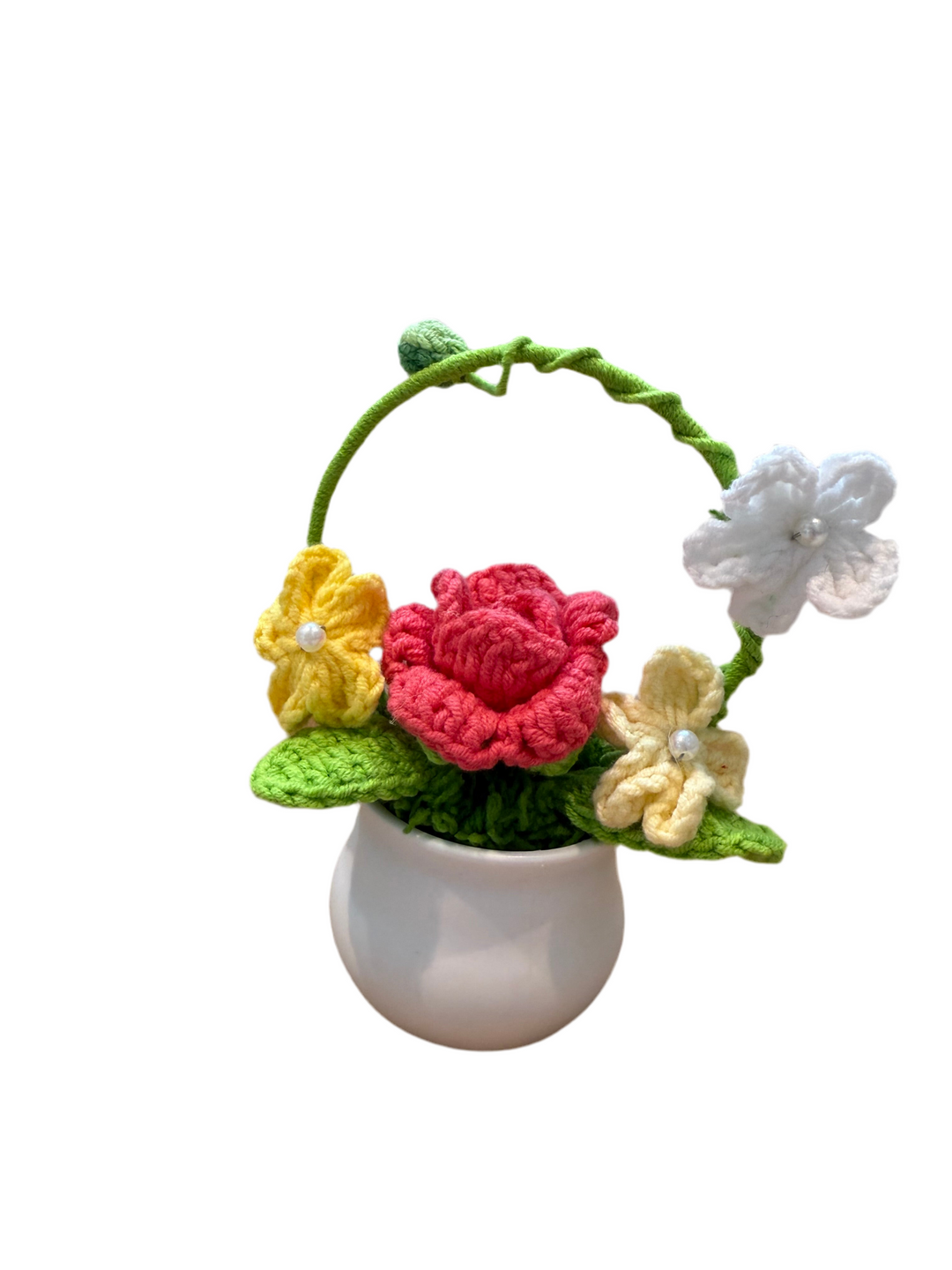 Handmade Crochet Rose Flower Arrangement – Red Rose with Colorful Blossoms in White Pot