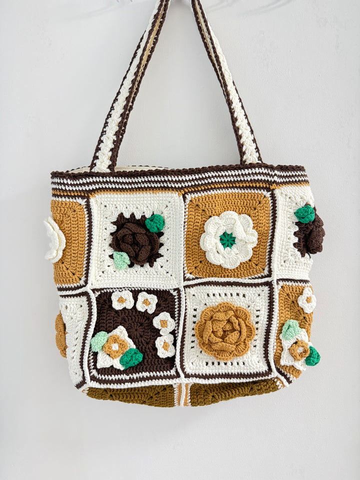 Handmade Crochet Rose Tote – Brown & Cream 3D Floral Granny Square Bag – Earth Tone Cottagecore Shoulder Purse