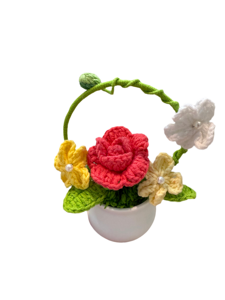 Handmade Crochet Rose Flower Arrangement – Red Rose with Colorful Blossoms in White Pot