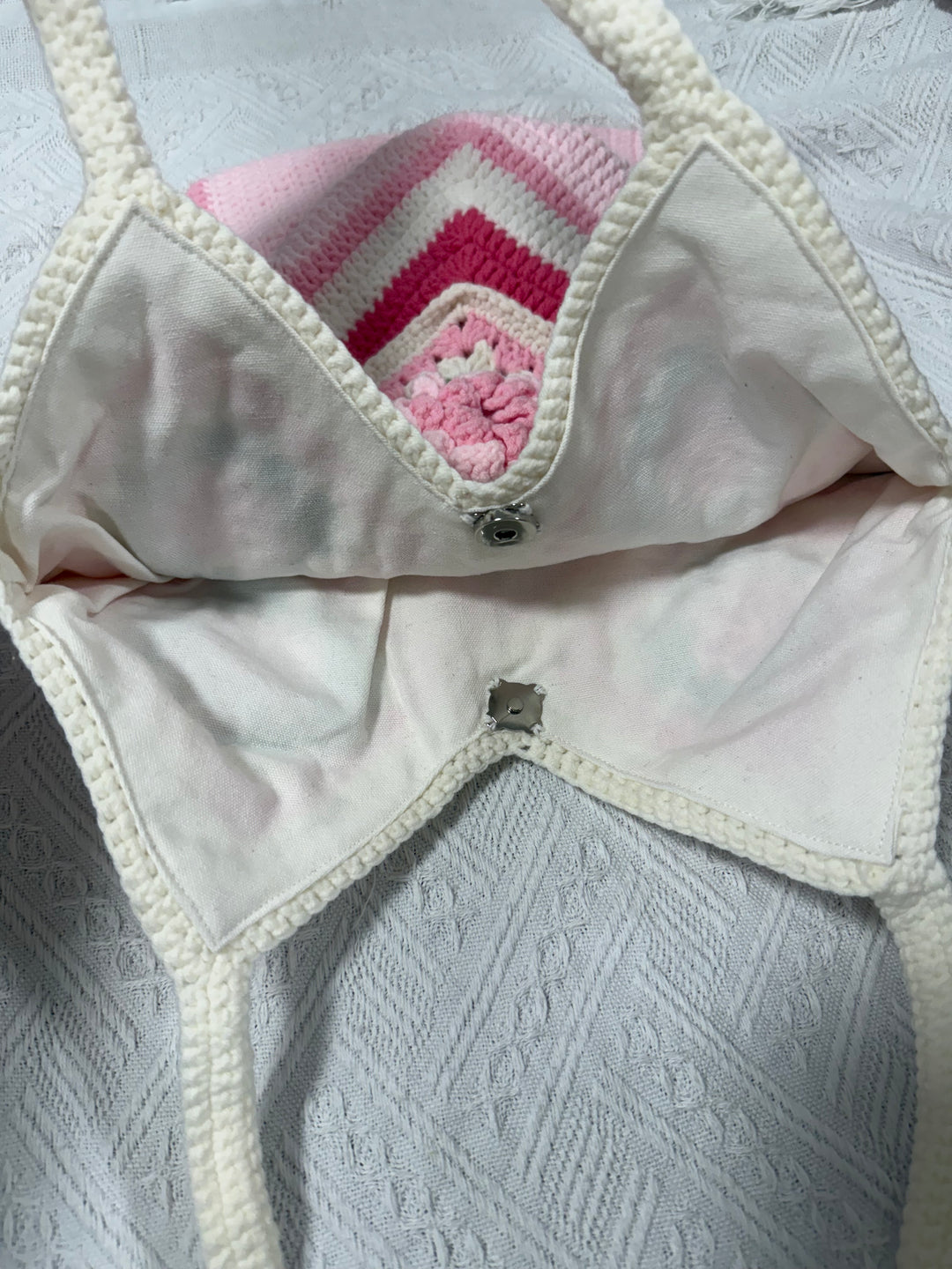 Handmade Camellia Crochet Shoulder Bag – Pink & Cream Granny Square Tote – Romantic Cottagecore Style