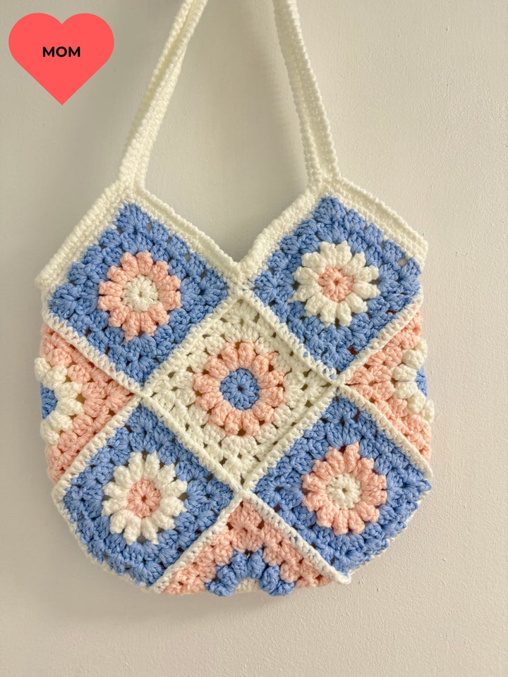 Handmade Pastel Crochet Shoulder Bag – Blue & Pink Granny Square Tote – Soft Girl Cottagecore Purse