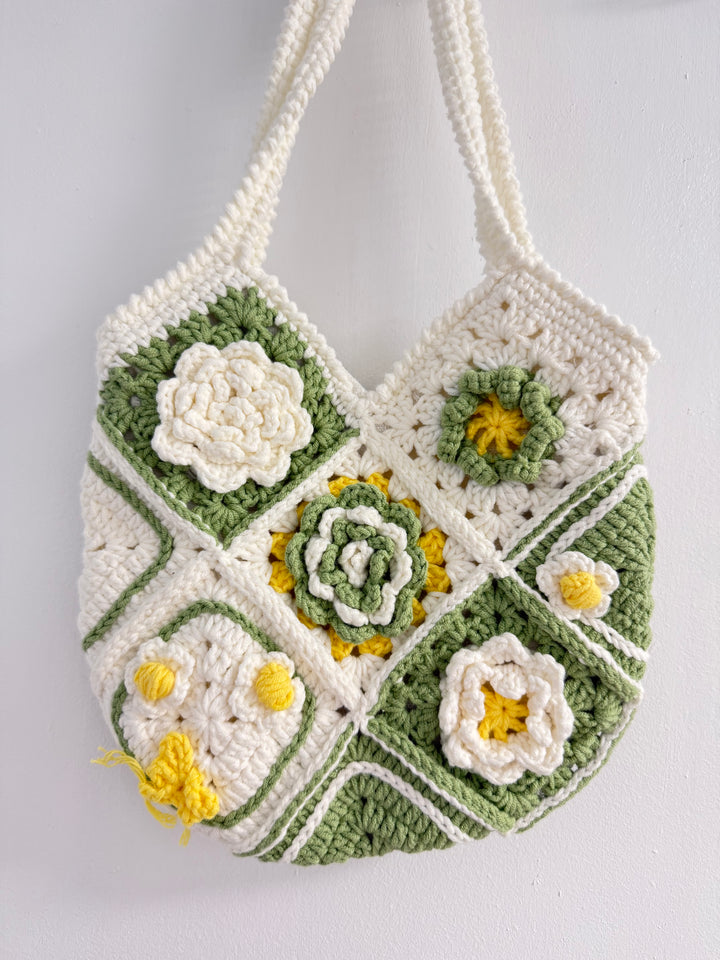 Handmade Crochet Flower Shoulder Bag – Green & Cream Granny Square Tote – Cottagecore Style