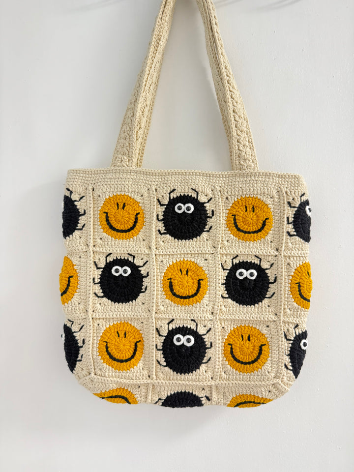Handmade Crochet Smiley & Soot Sprite Tote – Beige Granny Square Bag – Whimsical Kawaii Shoulder Purse