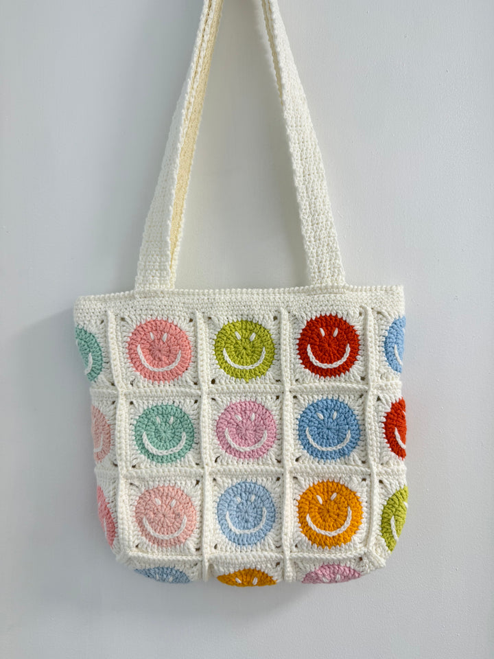 Handmade Crochet Smiley Face Bag – Rainbow Pastel Tote – Kawaii Happy Vibes Shoulder Bag