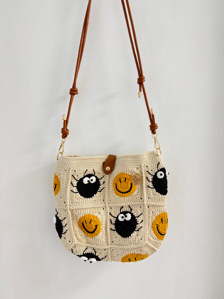 Handmade Crochet Smiley & Soot Sprite Crossbody – Beige Granny Square Bag with Adjustable Strap – Whimsical Everyday Bag