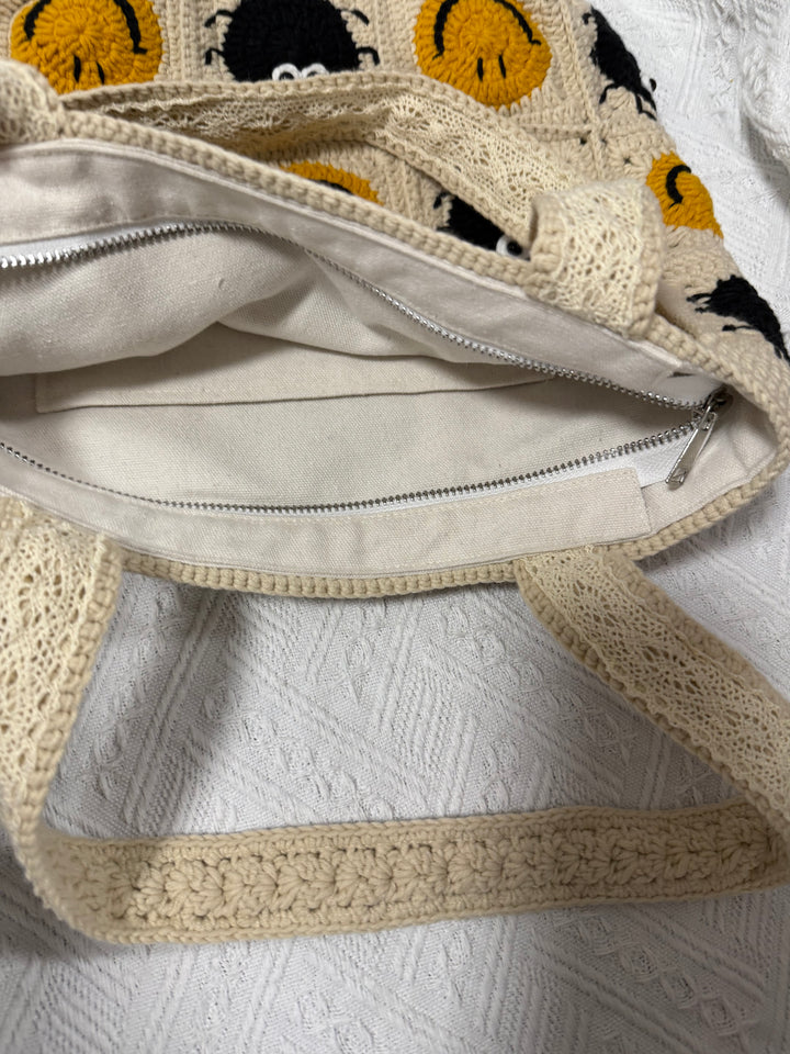 Handmade Crochet Smiley & Soot Sprite Tote – Beige Granny Square Bag – Whimsical Kawaii Shoulder Purse