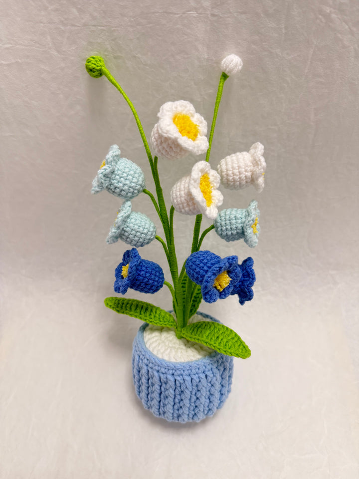 Handmade Crochet Flower Bouquet in Knitted Pot – Lily of the Valley & Bellflowers