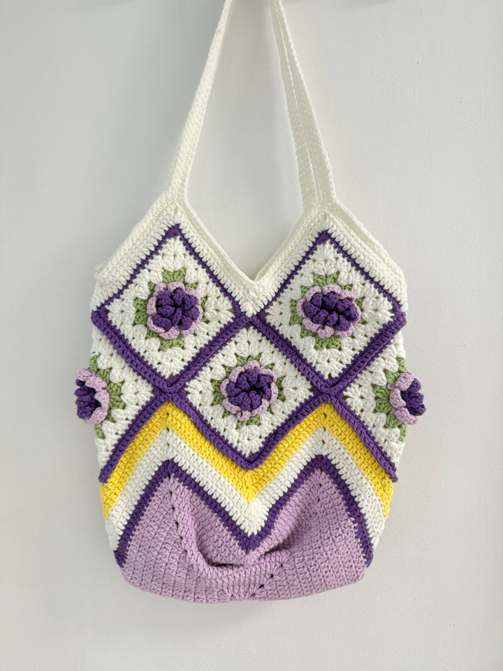 Handmade Camellia Crochet Bag – Lavender & Yellow Chevron Granny Square Tote – Floral Cottagecore Shoulder Purse