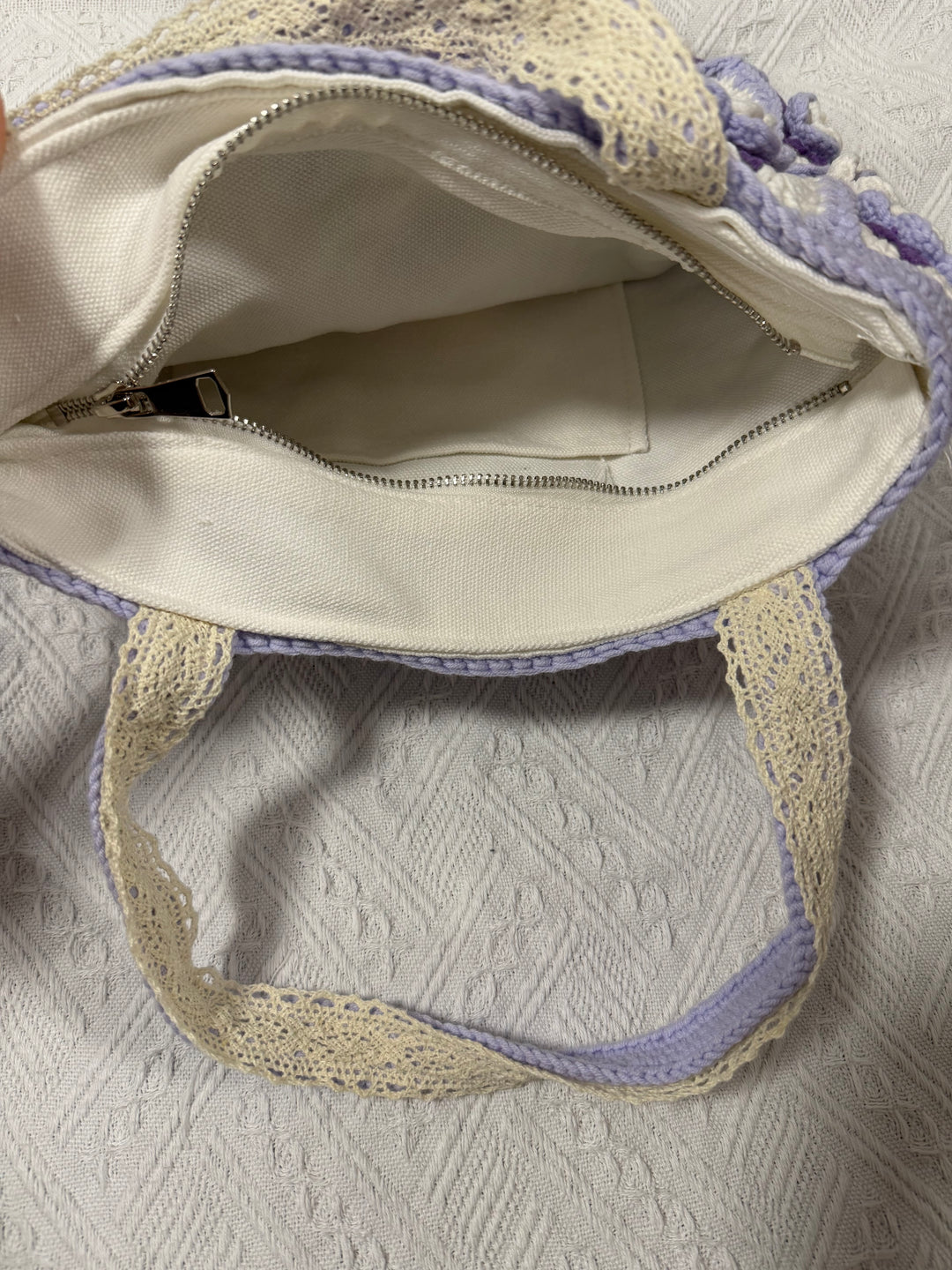 Handmade Camellia Crochet Tote Bag – Lavender & Purple Granny Square Bag – Textured Floral Shoulder Purse