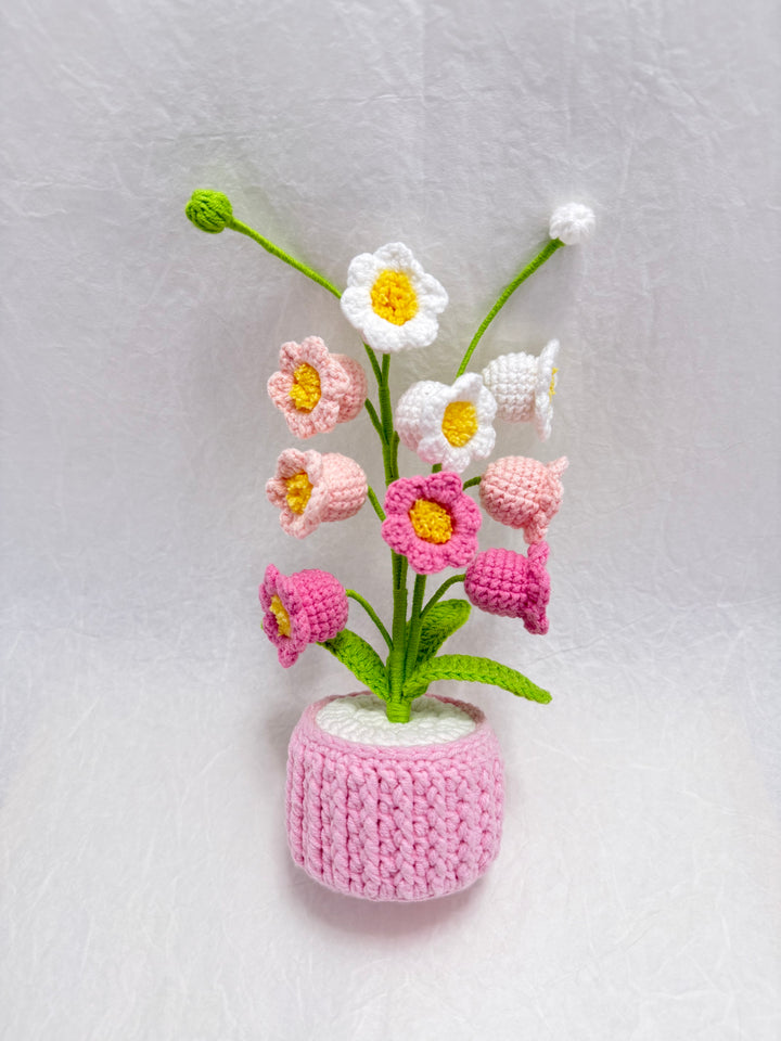 Handmade Crochet Flower Bouquet in Knitted Pot – Lily of the Valley & Bellflowers