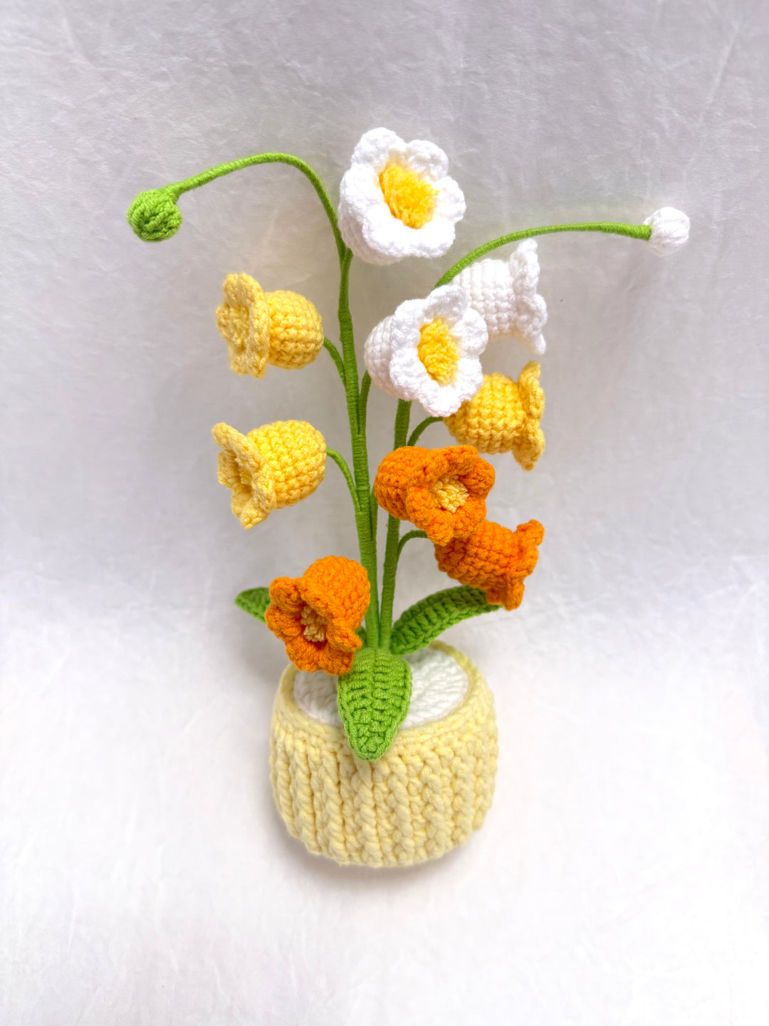 Handmade Crochet Flower Bouquet in Knitted Pot – Lily of the Valley & Bellflowers