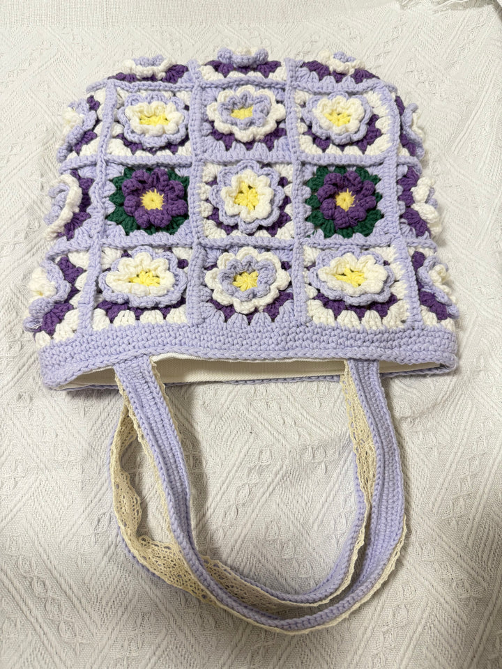 Handmade Camellia Crochet Tote Bag – Lavender & Purple Granny Square Bag – Textured Floral Shoulder Purse