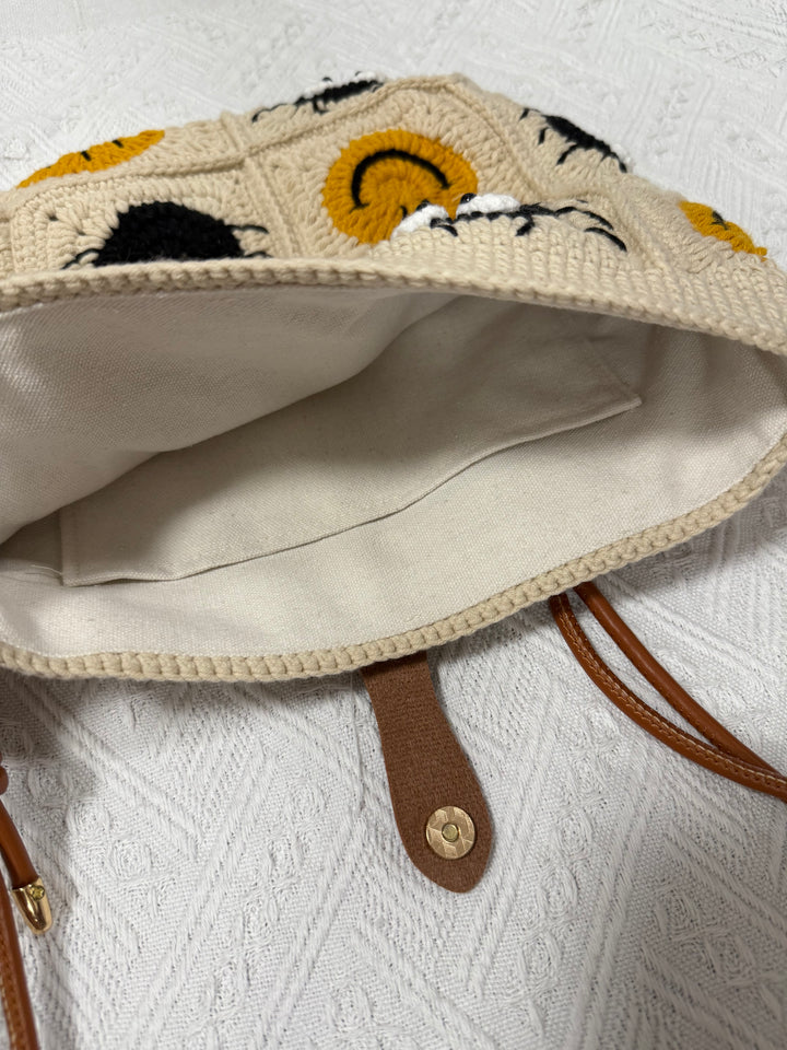 Handmade Crochet Smiley & Soot Sprite Crossbody – Beige Granny Square Bag with Adjustable Strap – Whimsical Everyday Bag
