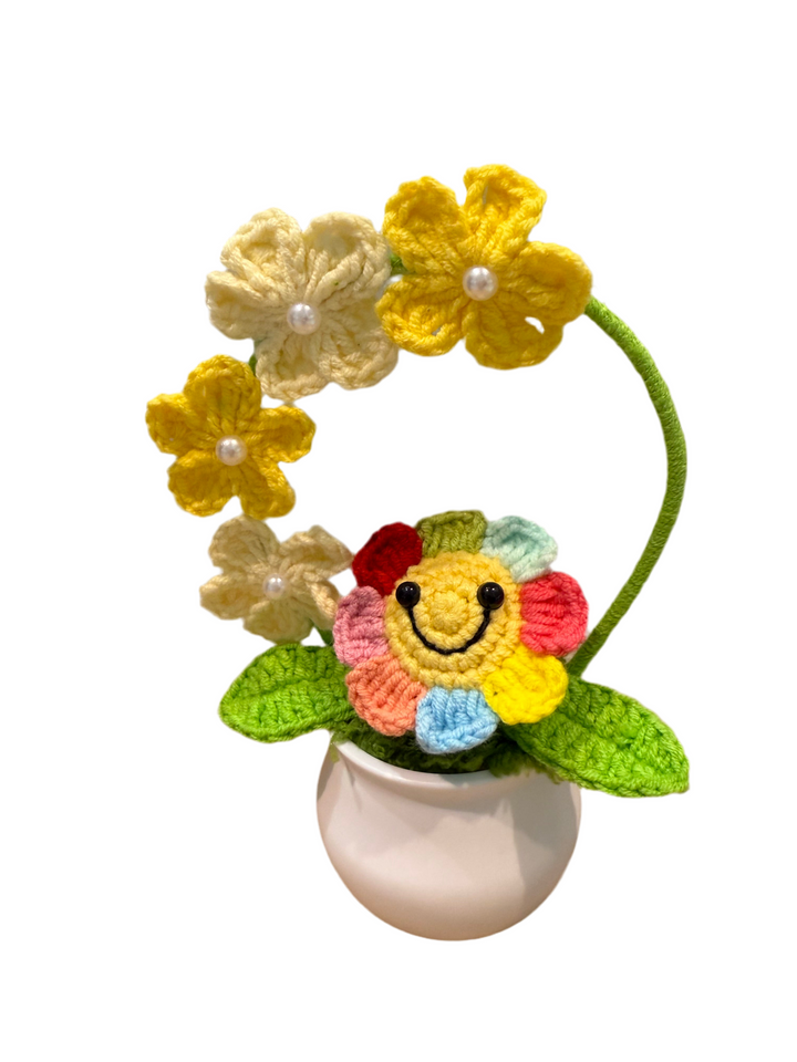 Crochet Rainbow Smiley Flower with Yellow Arch – Handmade Yarn Pot Decor