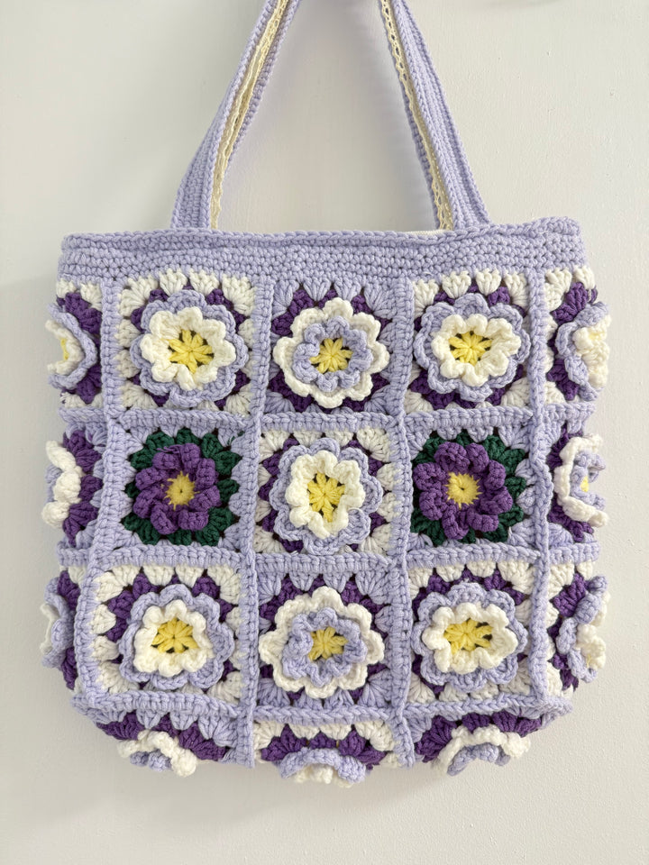 Handmade Camellia Crochet Tote Bag – Lavender & Purple Granny Square Bag – Textured Floral Shoulder Purse