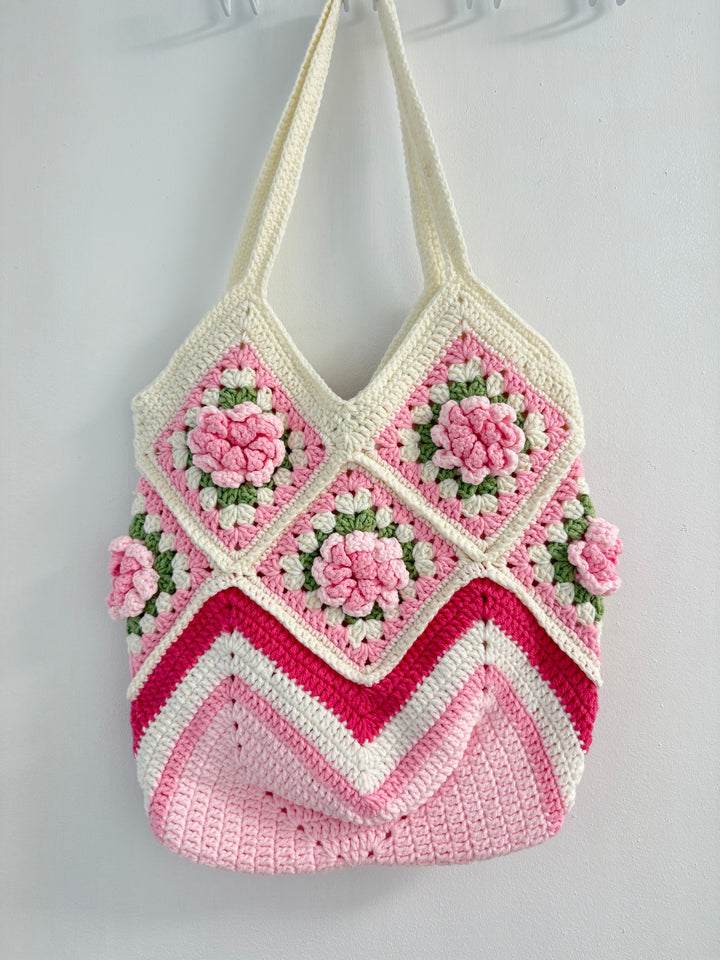 Handmade Camellia Crochet Shoulder Bag – Pink & Cream Granny Square Tote – Romantic Cottagecore Style