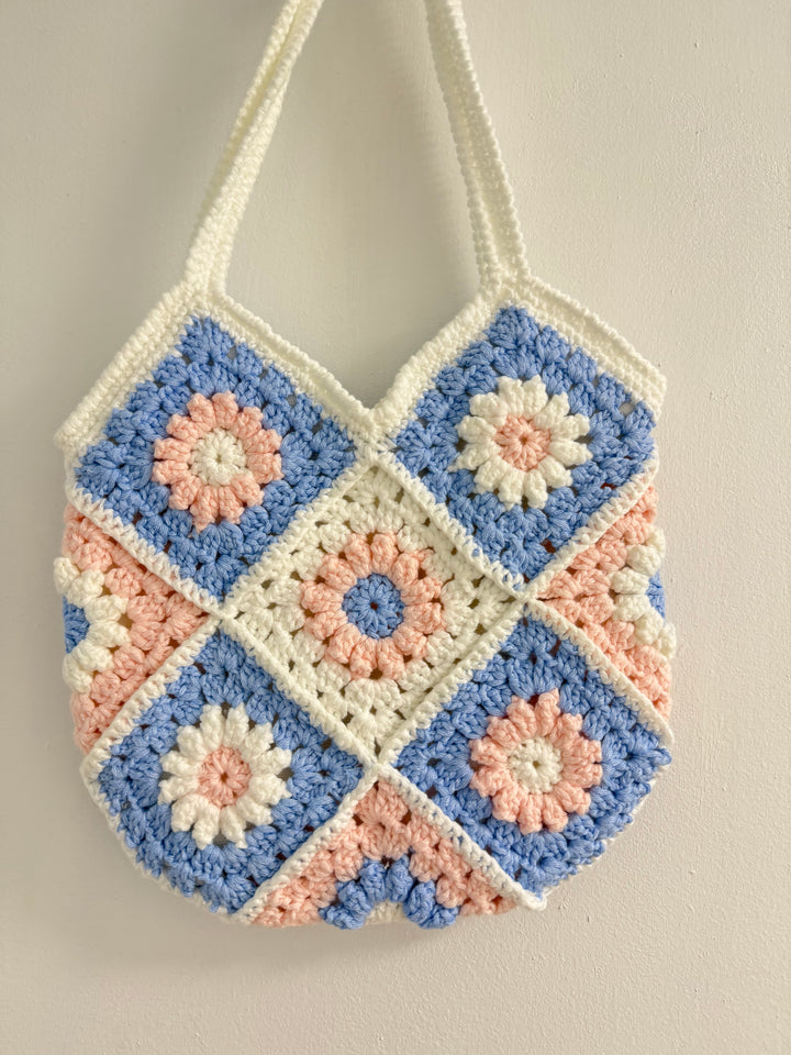 Handmade Pastel Crochet Shoulder Bag – Blue & Pink Granny Square Tote – Soft Girl Cottagecore Purse