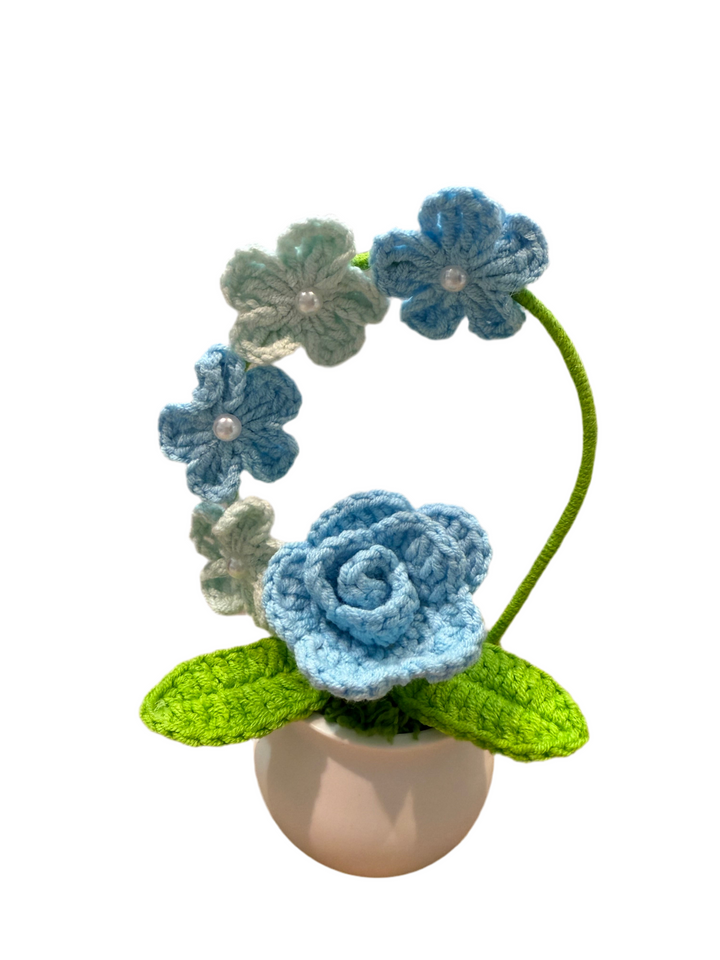 Crochet Blue Rose with Soft Blue-Green Arch – Handmade Yarn Flower Pot