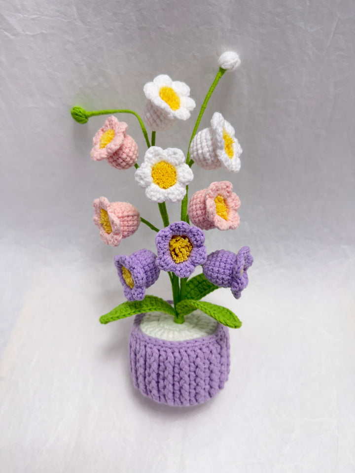 Handmade Crochet Flower Bouquet in Knitted Pot – Lily of the Valley & Bellflowers