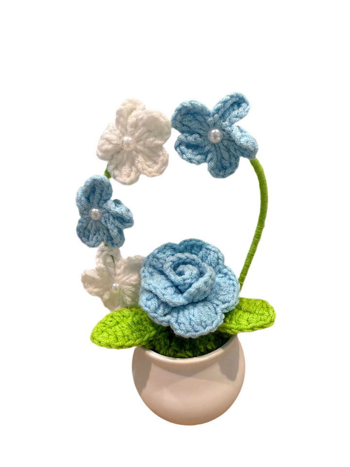 Crochet Blue Rose with White & Blue Flower Arch – Handmade Yarn Floral Pot