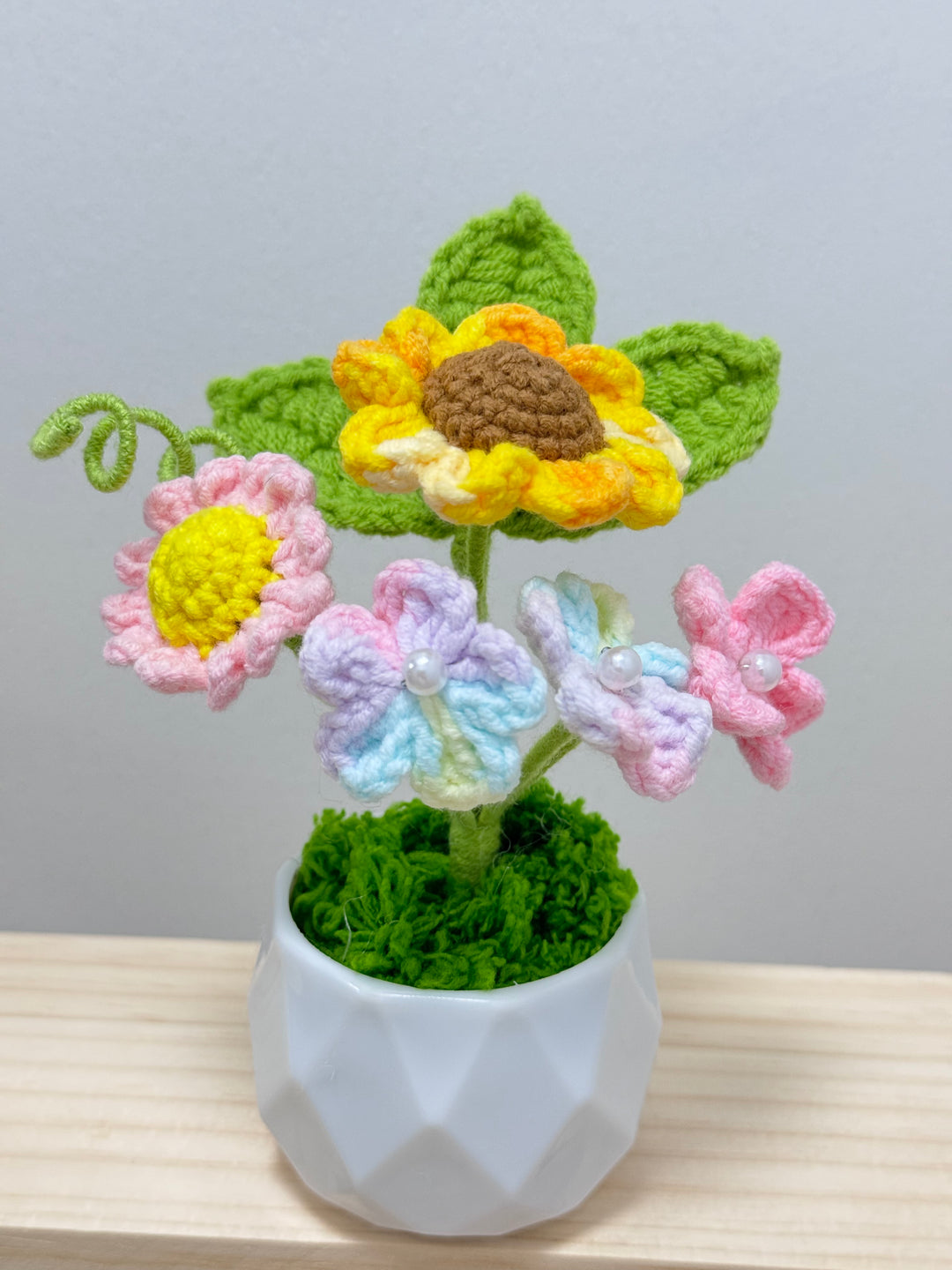 Handmade Sunflower Forget-Me-Not Crochet Potted Flowers - PP0016 - CuteCraftsWorld