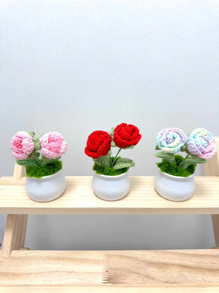 Handmade Crochet Two Rose Potted Flowers - PP0018 - CuteCraftsWorld