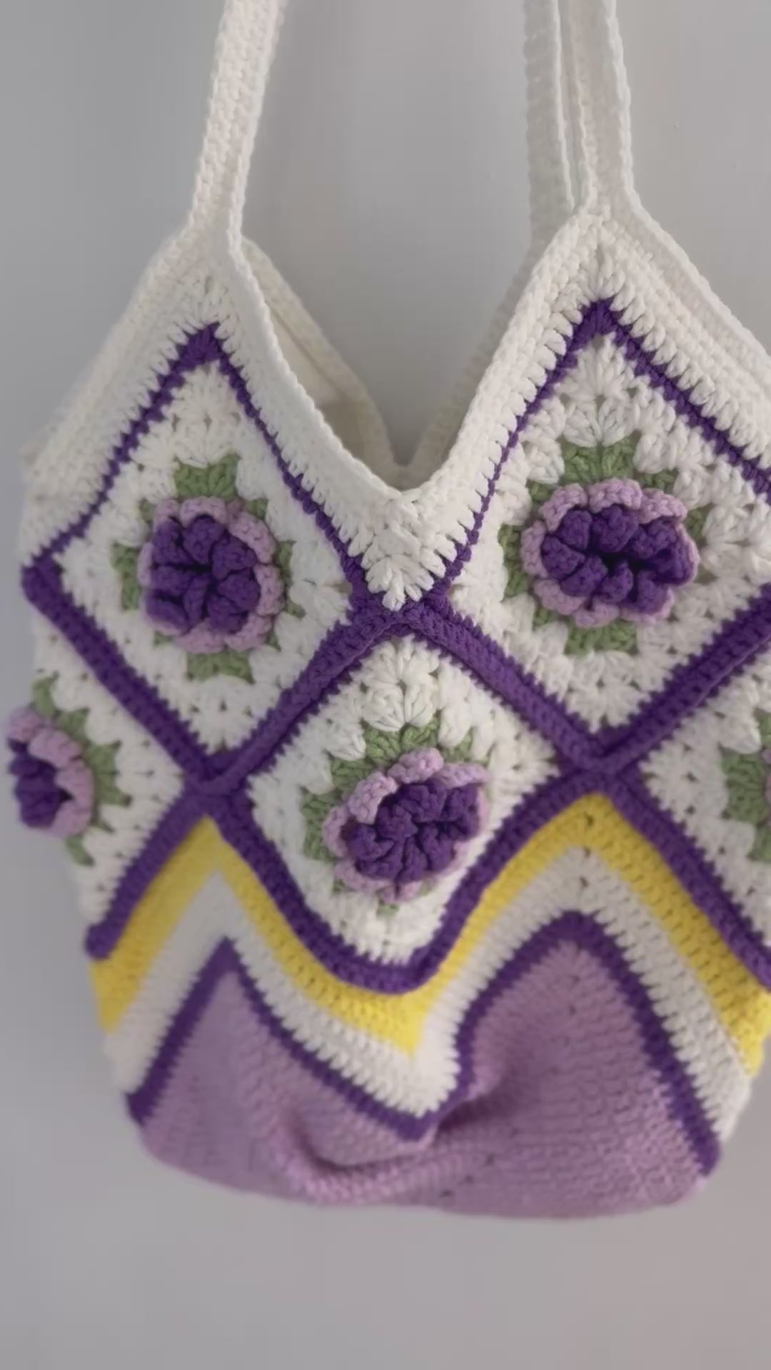 Handmade Camellia Crochet Bag – Lavender & Yellow Chevron Granny Square Tote – Floral Cottagecore Shoulder Purse