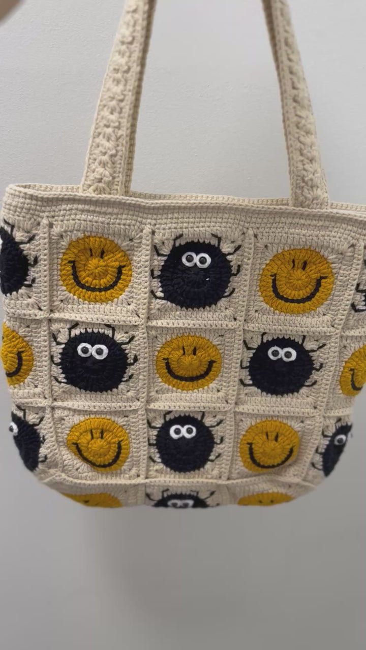 Handmade Crochet Smiley & Soot Sprite Tote – Beige Granny Square Bag – Whimsical Kawaii Shoulder Purse