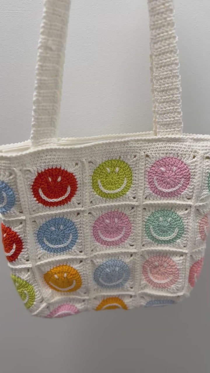 Handmade Crochet Smiley Face Bag – Rainbow Pastel Tote – Kawaii Happy Vibes Shoulder Bag