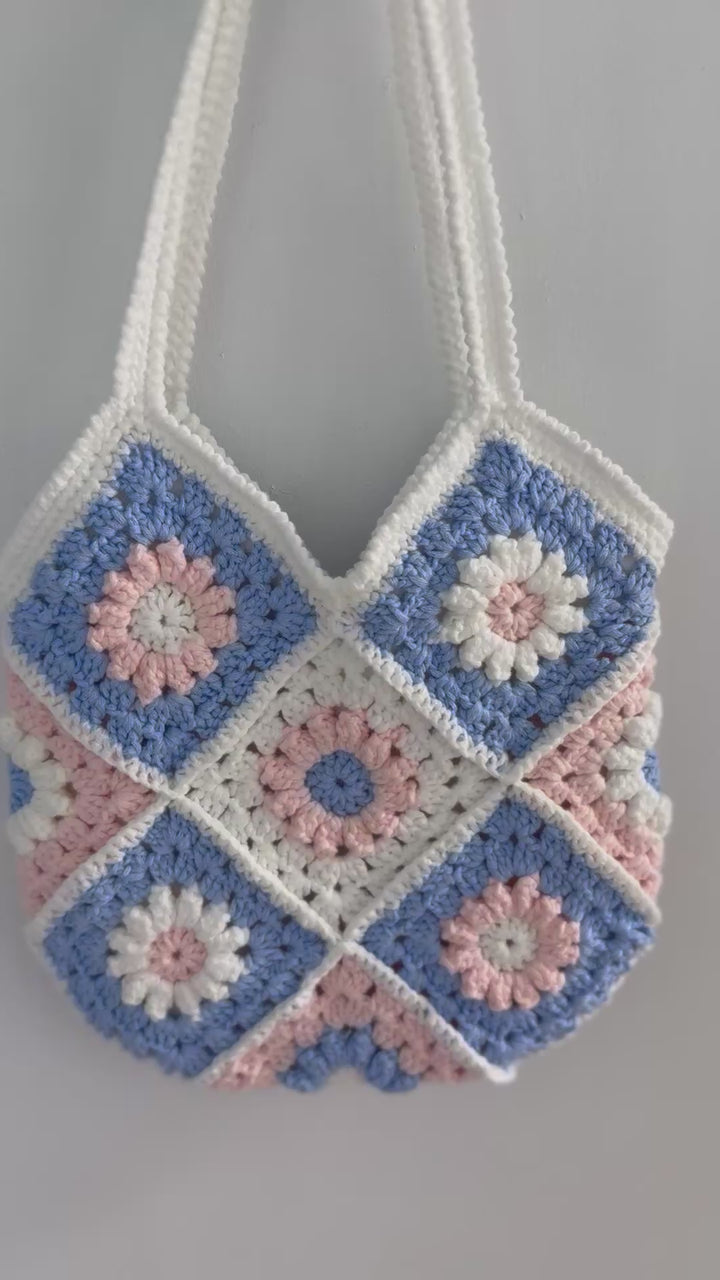 Handmade Pastel Crochet Shoulder Bag – Blue & Pink Granny Square Tote – Soft Girl Cottagecore Purse
