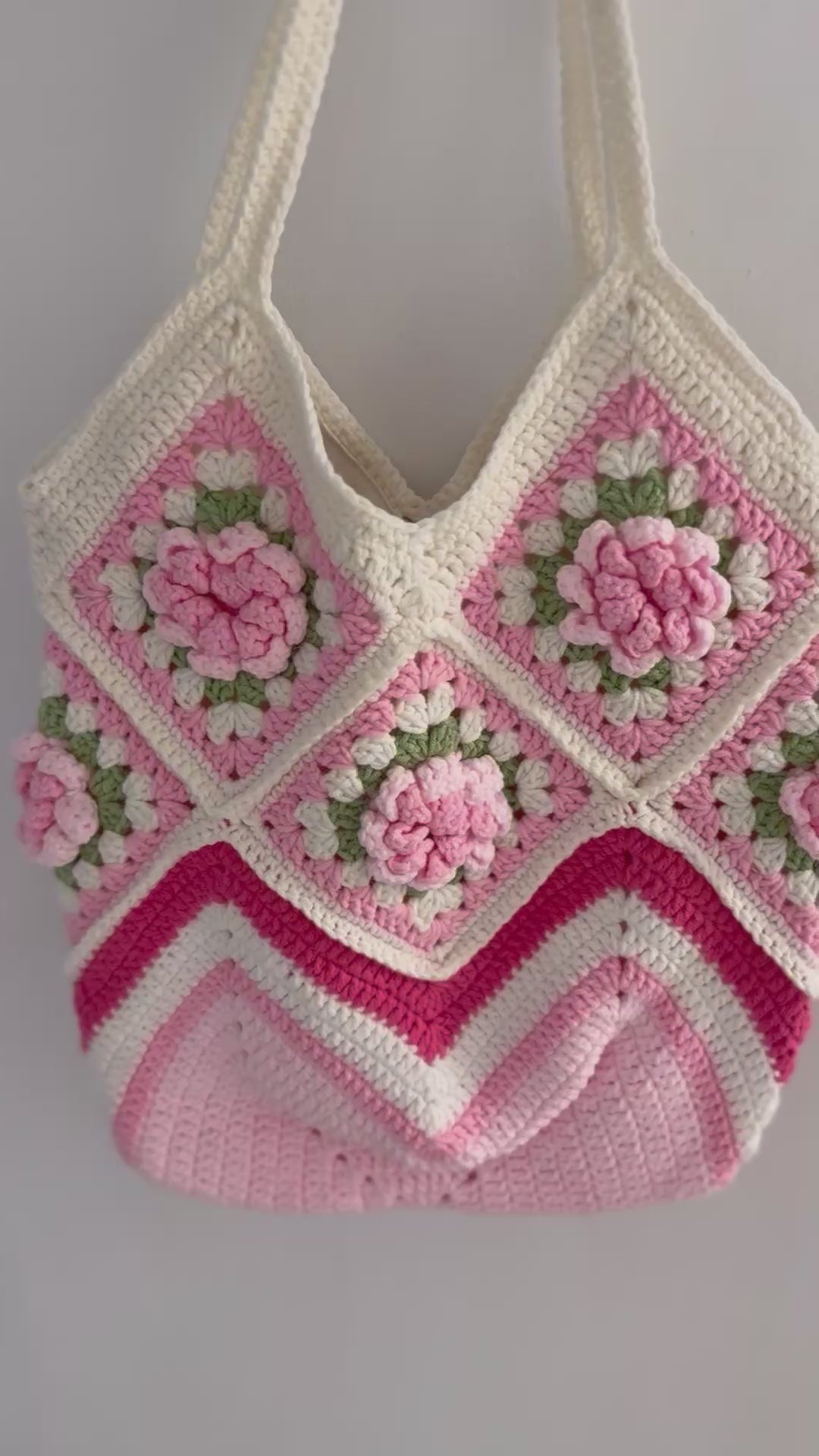 Handmade Camellia Crochet Shoulder Bag – Pink & Cream Granny Square Tote – Romantic Cottagecore Style