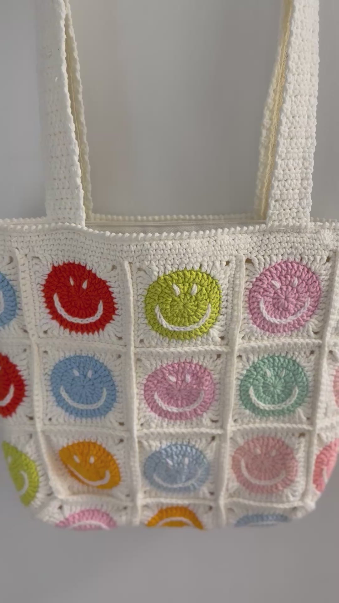 Handmade Crochet Smiley Face Bag – Rainbow Pastel Tote – Kawaii Happy Vibes Shoulder Bag