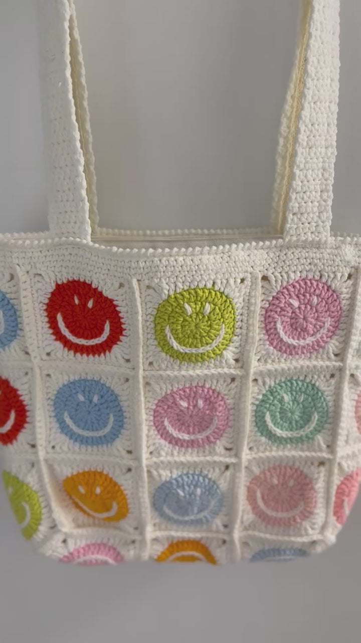 Handmade Crochet Smiley Face Bag – Rainbow Pastel Tote – Kawaii Happy Vibes Shoulder Bag