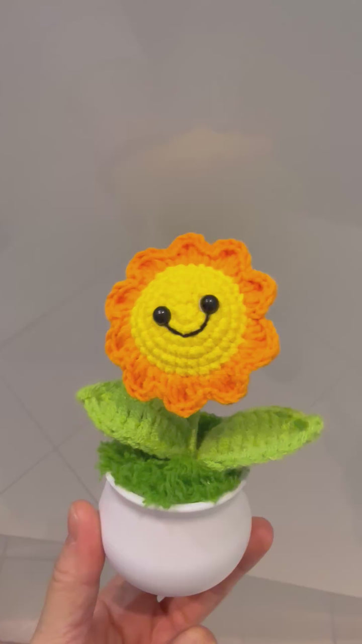 Smiley Crochet Sunflower in Pot – Handmade Amigurumi Plant Gift