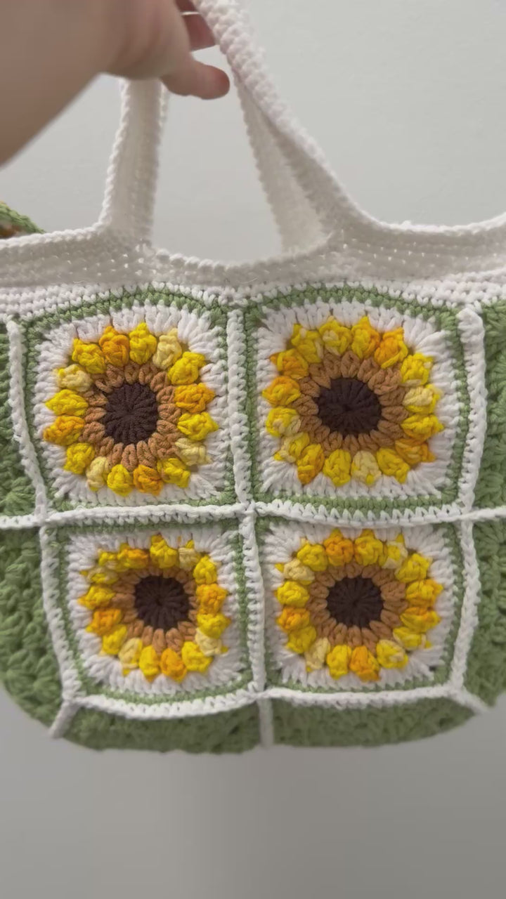 Handmade Sunflower Crochet Bag – Green Granny Square Shoulder Tote – Summer Cottagecore Style