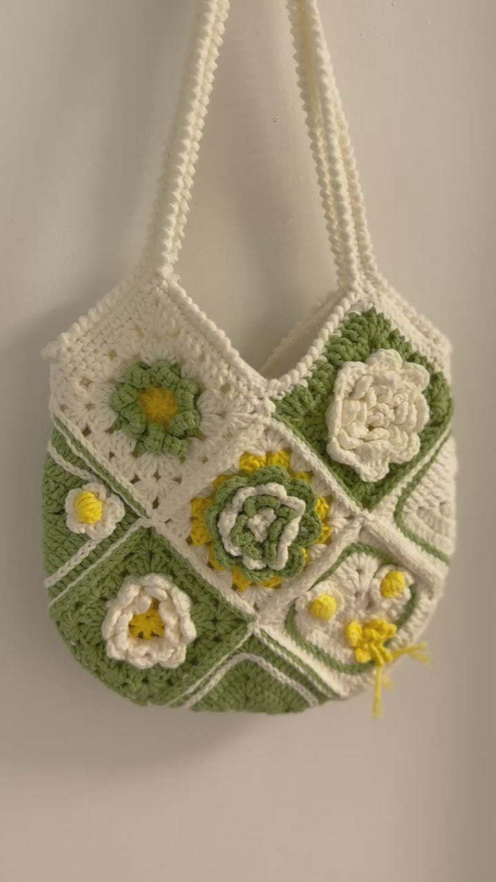 Handmade Crochet Flower Shoulder Bag – Green & Cream Granny Square Tote – Cottagecore Style