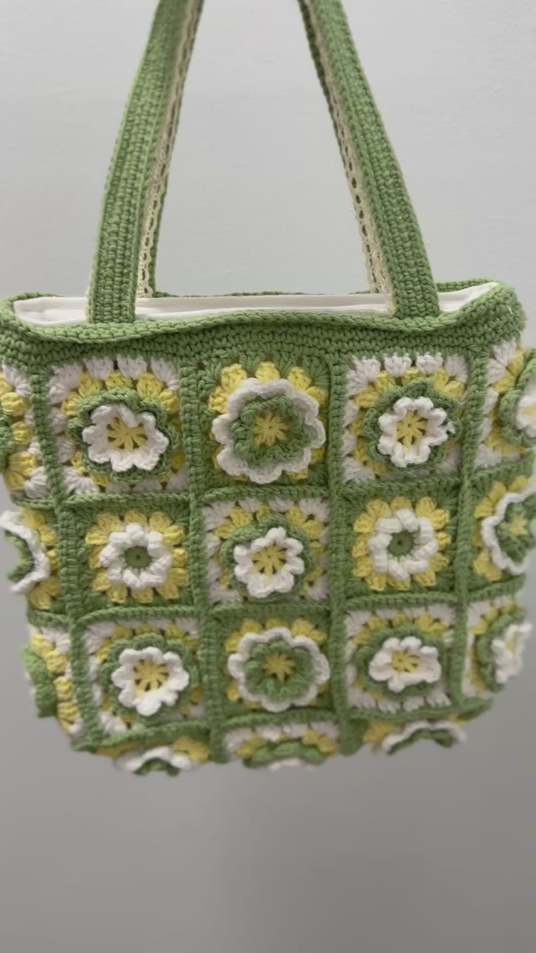 Handmade Camellia Flower Crochet Tote – Green & Yellow Granny Square Bag – 3D Floral Shoulder Purse