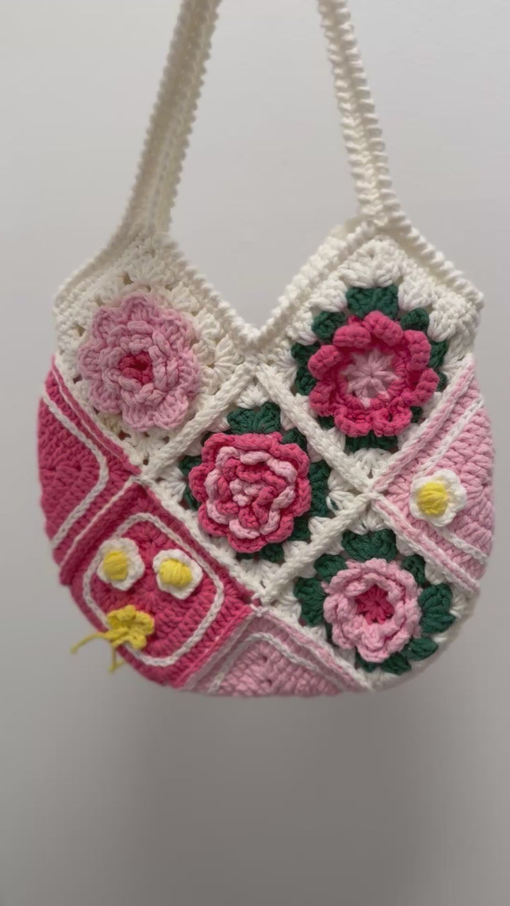 Handmade Crochet Flower Shoulder Bag – Vintage Granny Square Tote – Pink & White Yarn Purse