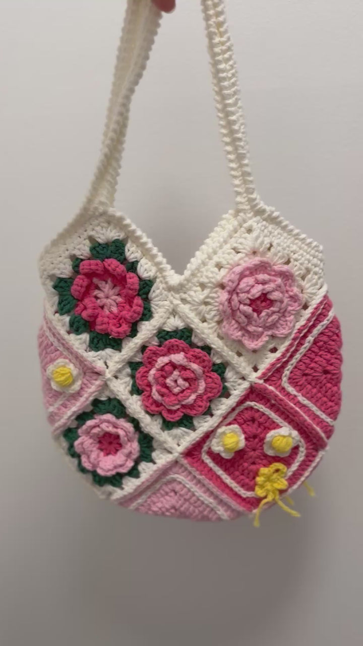 Handmade Crochet Flower Shoulder Bag – Vintage Granny Square Tote – Pink & White Yarn Purse