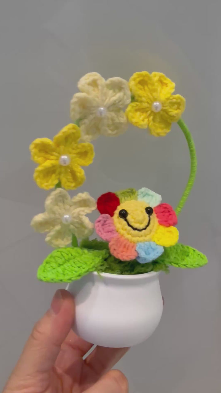 Crochet Rainbow Smiley Flower with Yellow Arch – Handmade Yarn Pot Decor
