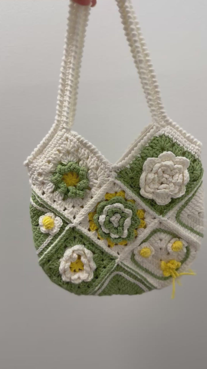 Handmade Crochet Flower Shoulder Bag – Green & Cream Granny Square Tote – Cottagecore Style