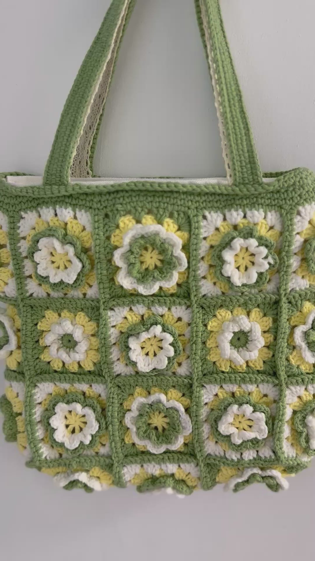 Handmade Camellia Flower Crochet Tote – Green & Yellow Granny Square Bag – 3D Floral Shoulder Purse