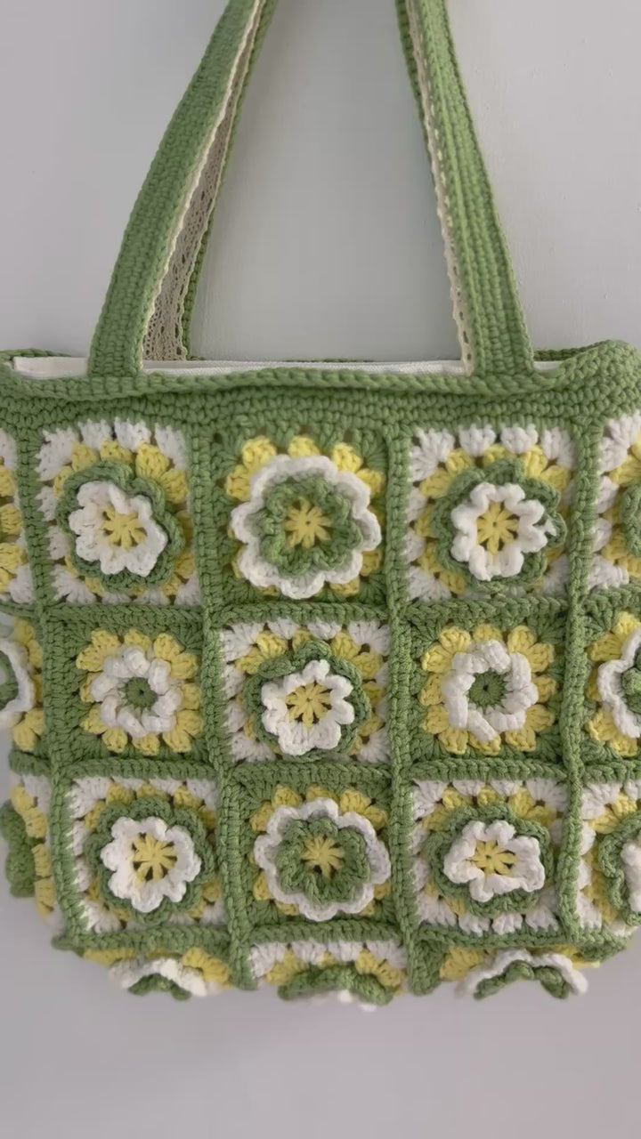 Handmade Camellia Flower Crochet Tote – Green & Yellow Granny Square Bag – 3D Floral Shoulder Purse