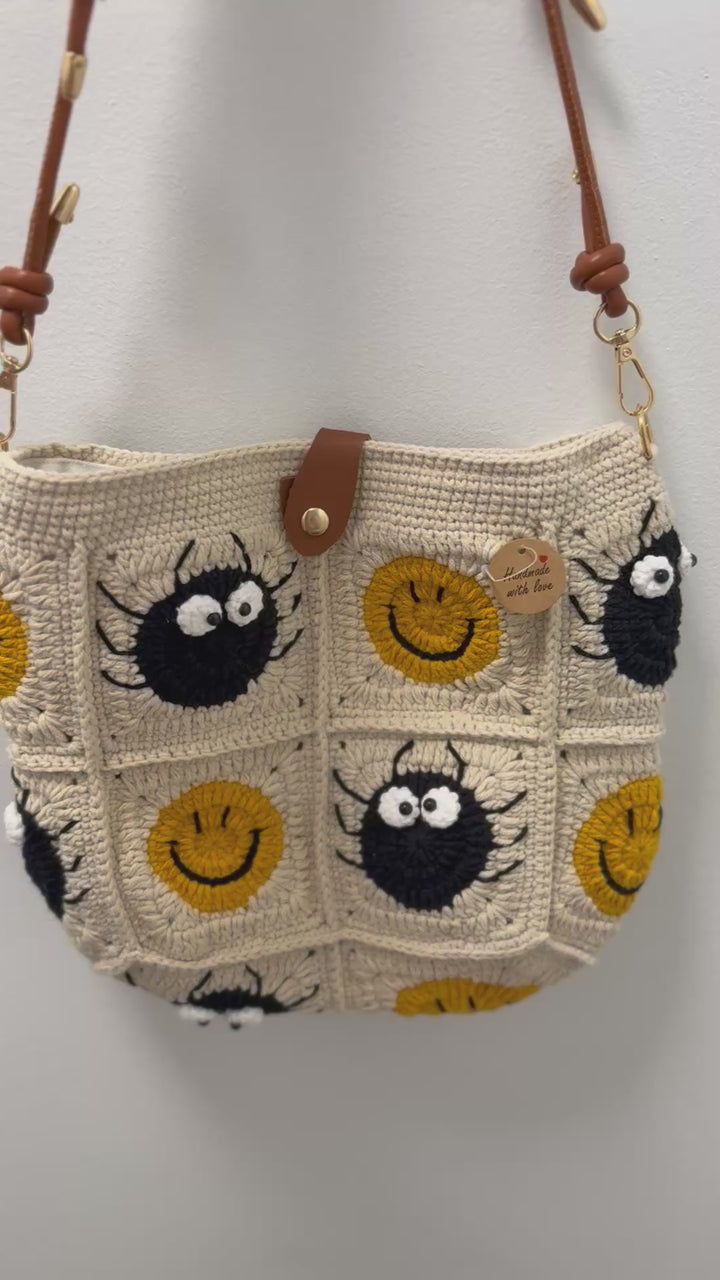 Handmade Crochet Smiley & Soot Sprite Crossbody – Beige Granny Square Bag with Adjustable Strap – Whimsical Everyday Bag