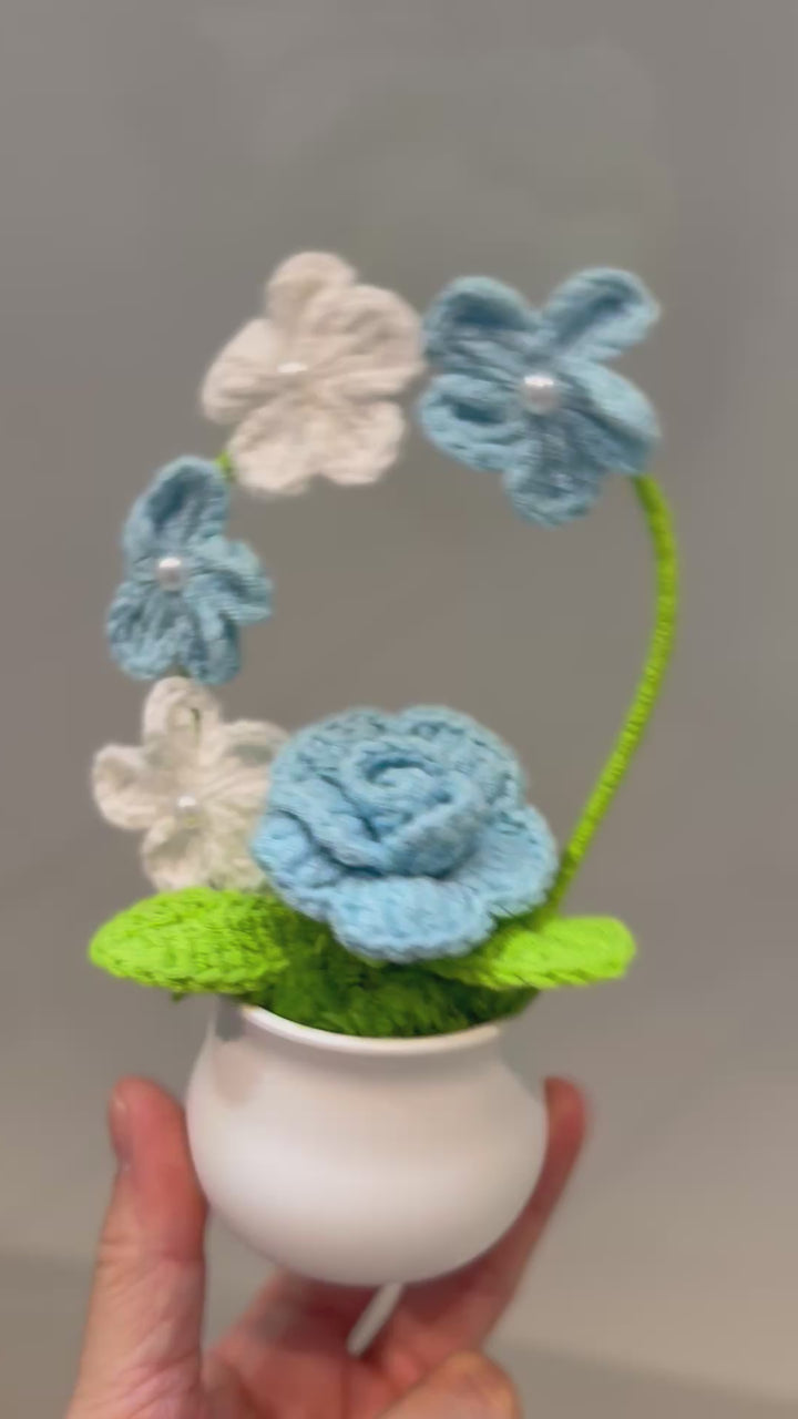 Crochet Blue Rose with White & Blue Flower Arch – Handmade Yarn Floral Pot