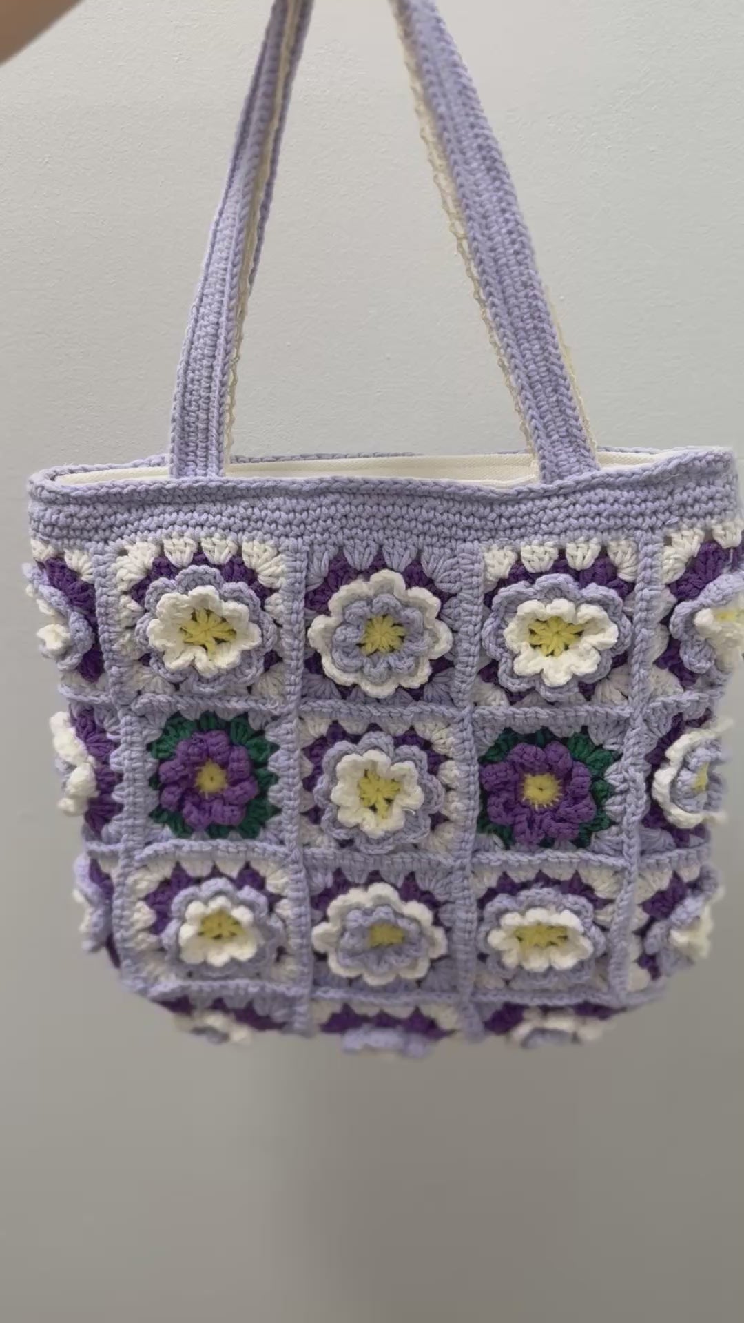 Handmade Camellia Crochet Tote Bag – Lavender & Purple Granny Square Bag – Textured Floral Shoulder Purse