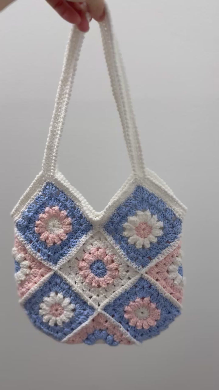 Handmade Pastel Crochet Shoulder Bag – Blue & Pink Granny Square Tote – Soft Girl Cottagecore Purse