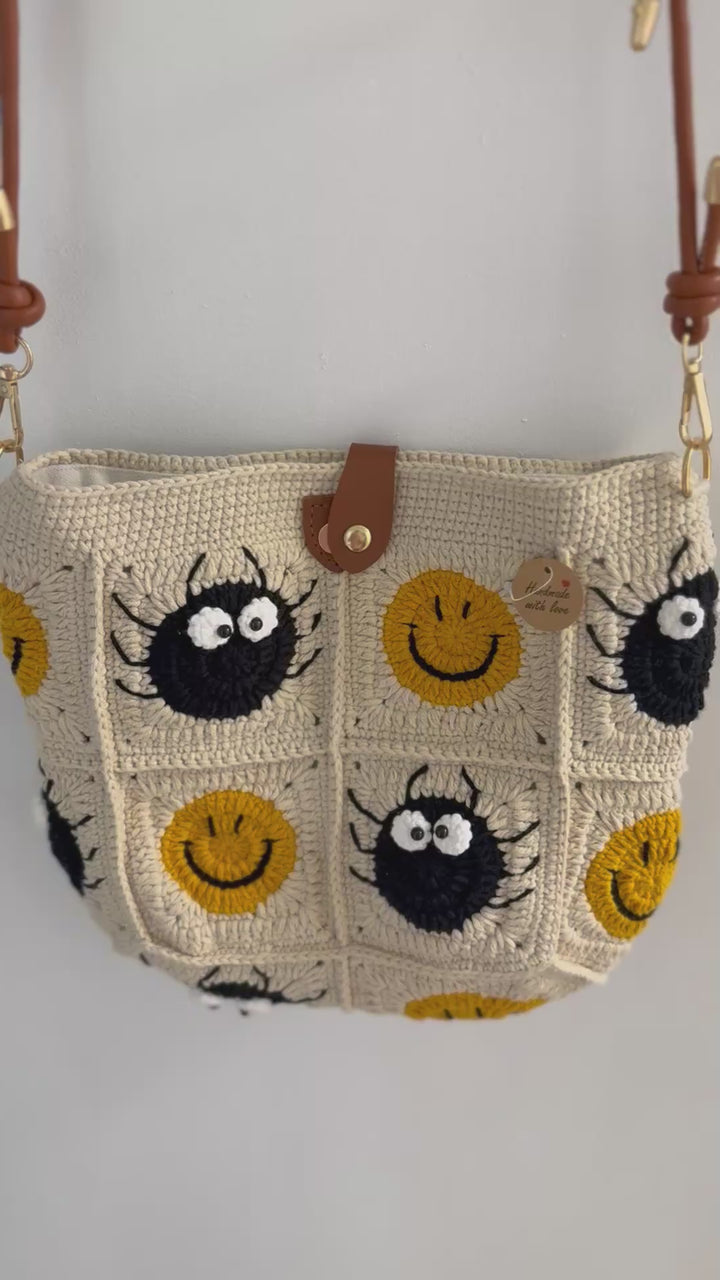 Handmade Crochet Smiley & Soot Sprite Crossbody – Beige Granny Square Bag with Adjustable Strap – Whimsical Everyday Bag