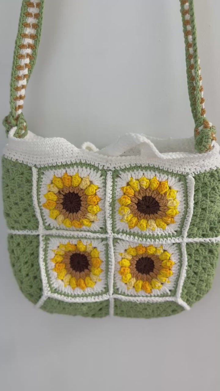 Handmade Sunflower Crochet Bag – Green Granny Square Shoulder Tote – Summer Cottagecore Style