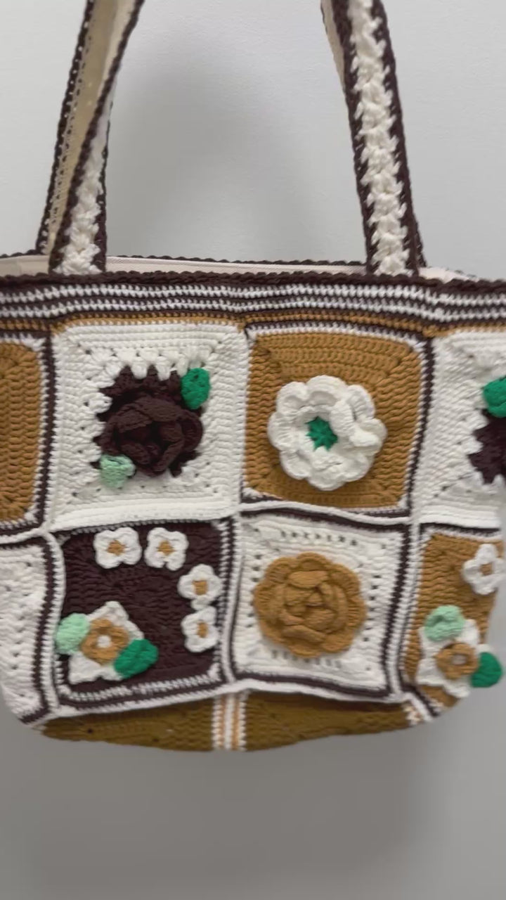 Handmade Crochet Rose Tote – Brown & Cream 3D Floral Granny Square Bag – Earth Tone Cottagecore Shoulder Purse